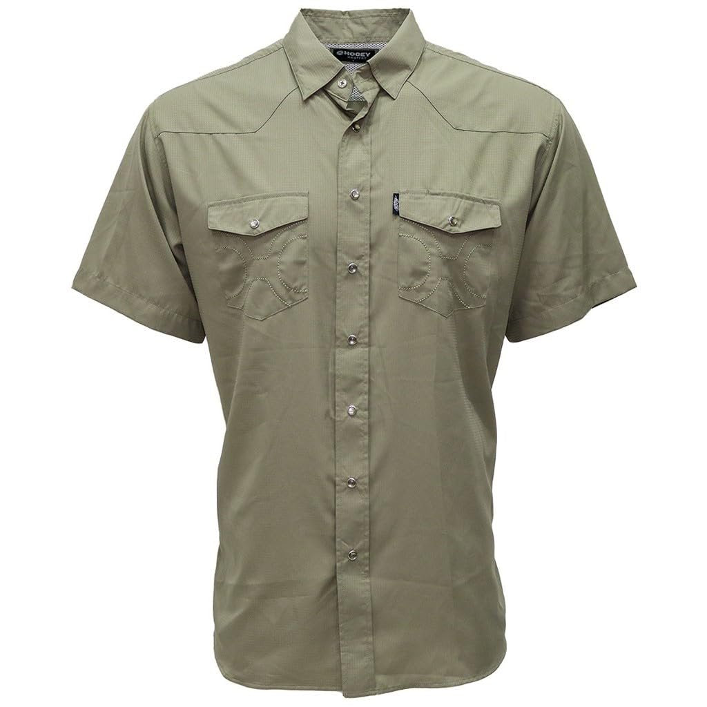 HOOEY Men's Sol Short Sleeve Pearl Snap Shirt Olive Green Lightweight Western Performance Shirt Front View