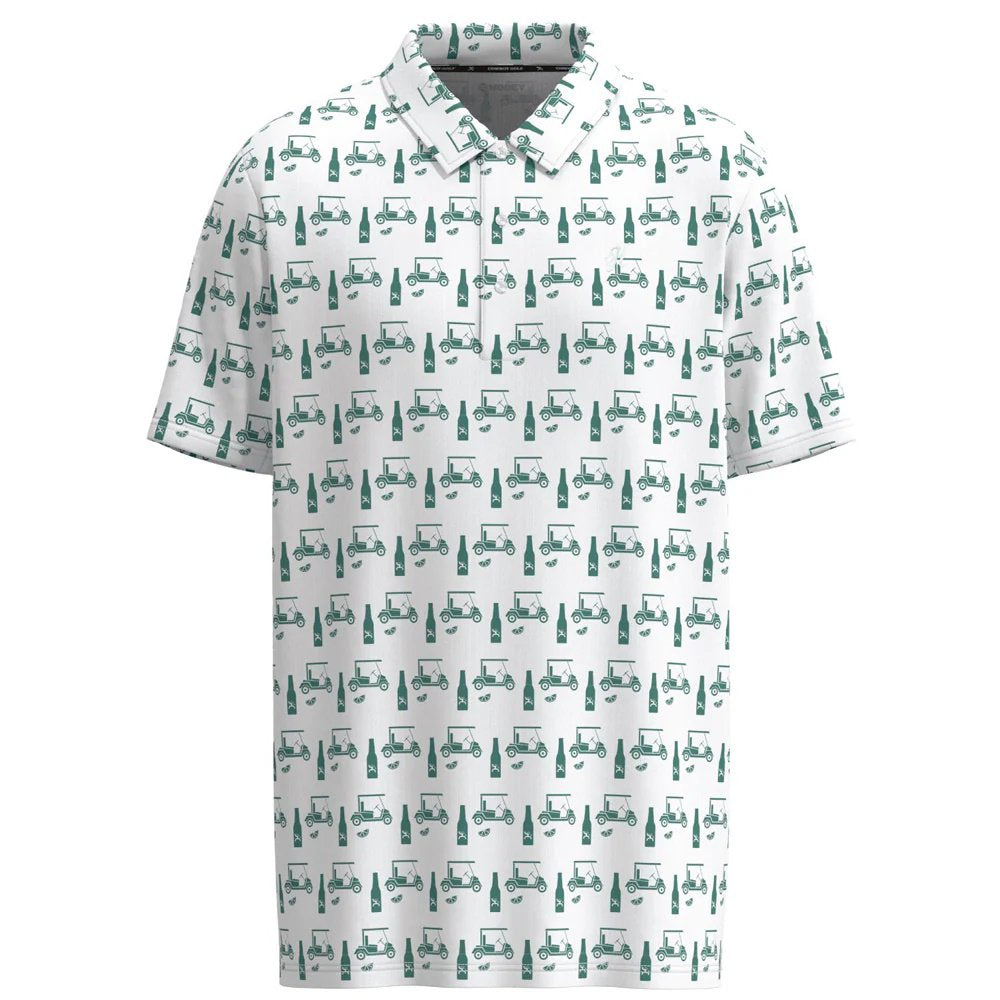 HOOEY Men's The Weekender Polo White Turquoise Print Performance Golf Shirt Front View