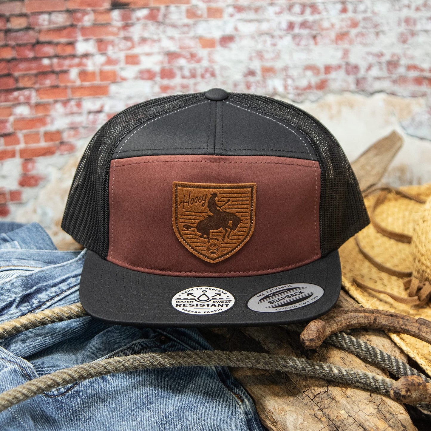 HOOEY Roughy Snapback Trucker Hat Maroon Black Adjustable Western Cap Front View