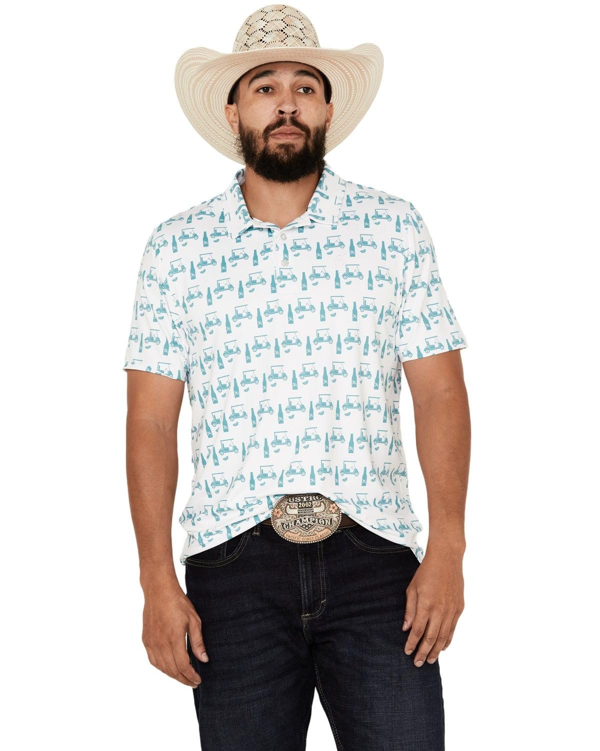HOOEY Men's The Weekender White Turquoise Performance Golf Polo Front Angle View