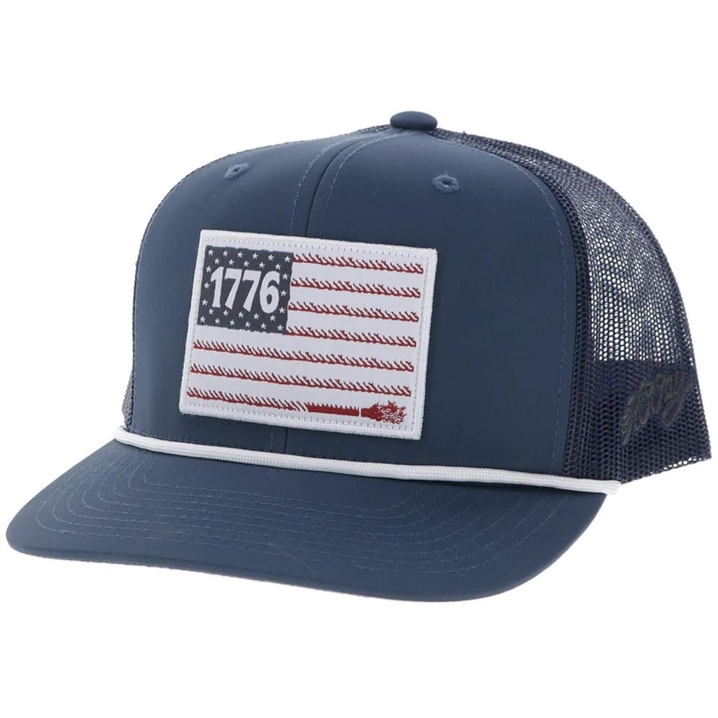HOOEY Youth Liberty Roper snapback hat in navy blue featuring a patriotic 1776 American flag patch and western style.