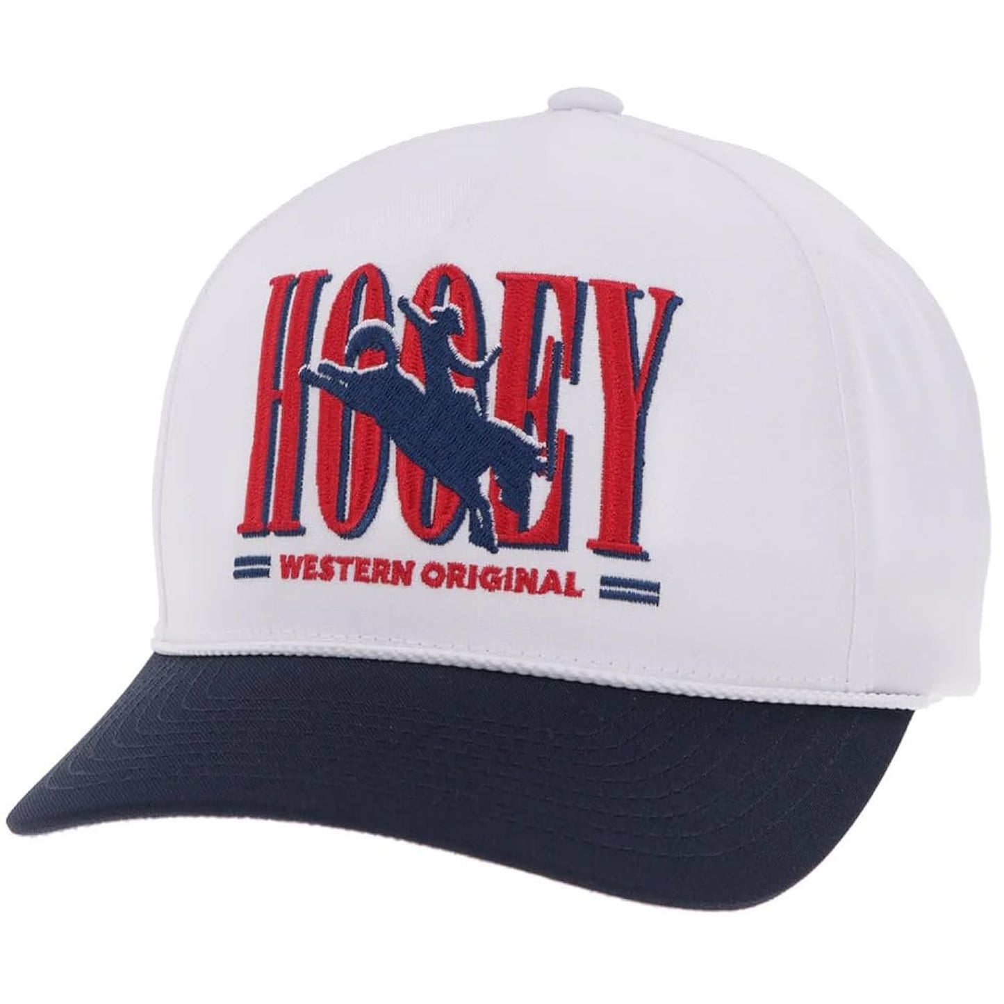 HOOEY Youth Wild Ride trucker hat featuring a white front, navy mesh back, red accents, and adjustable snapback closure.