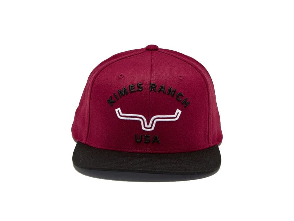 Front of Kimes Ranch Men's Caps Arched Trucker Snapback Hat in Dark Red