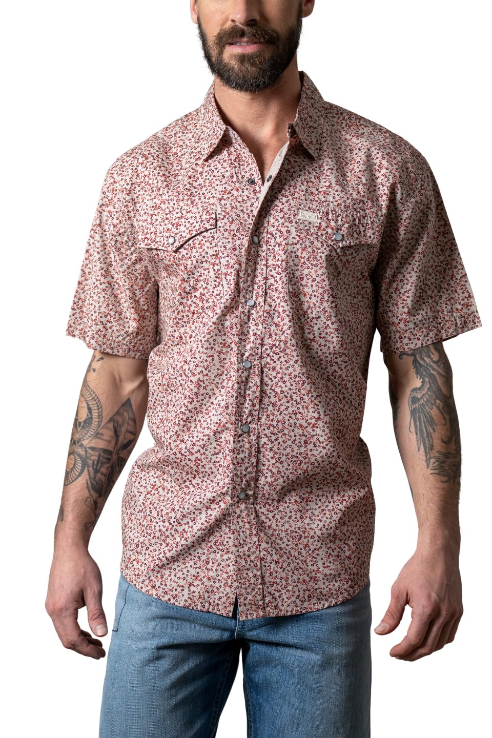Angled view of Kimes Ranch Men’s Bascom floral pearl snap button down cowboy shirt
