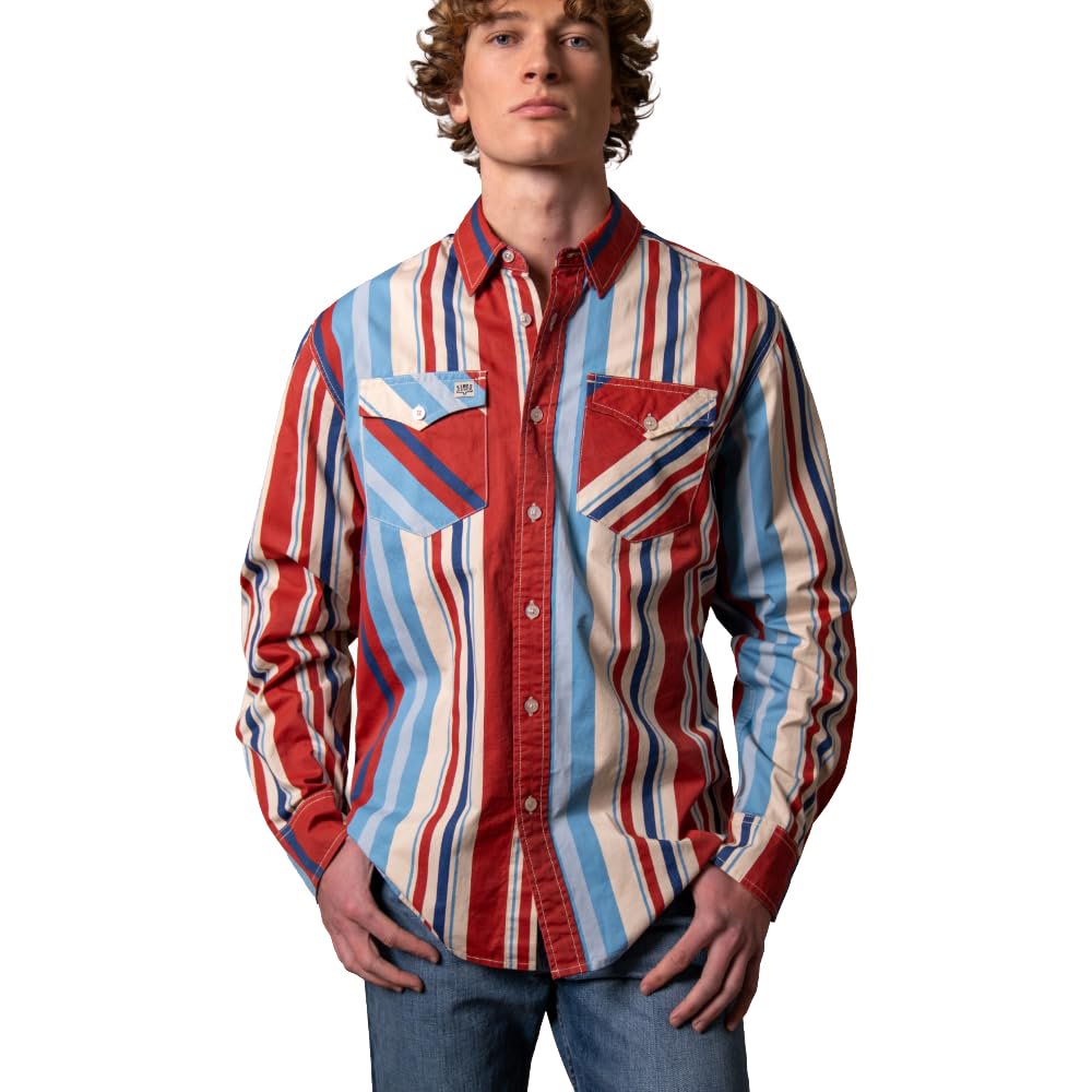 Angled view of Kimes Ranch Men’s Clancy western shirt with vintage stripes and premium button-down construction