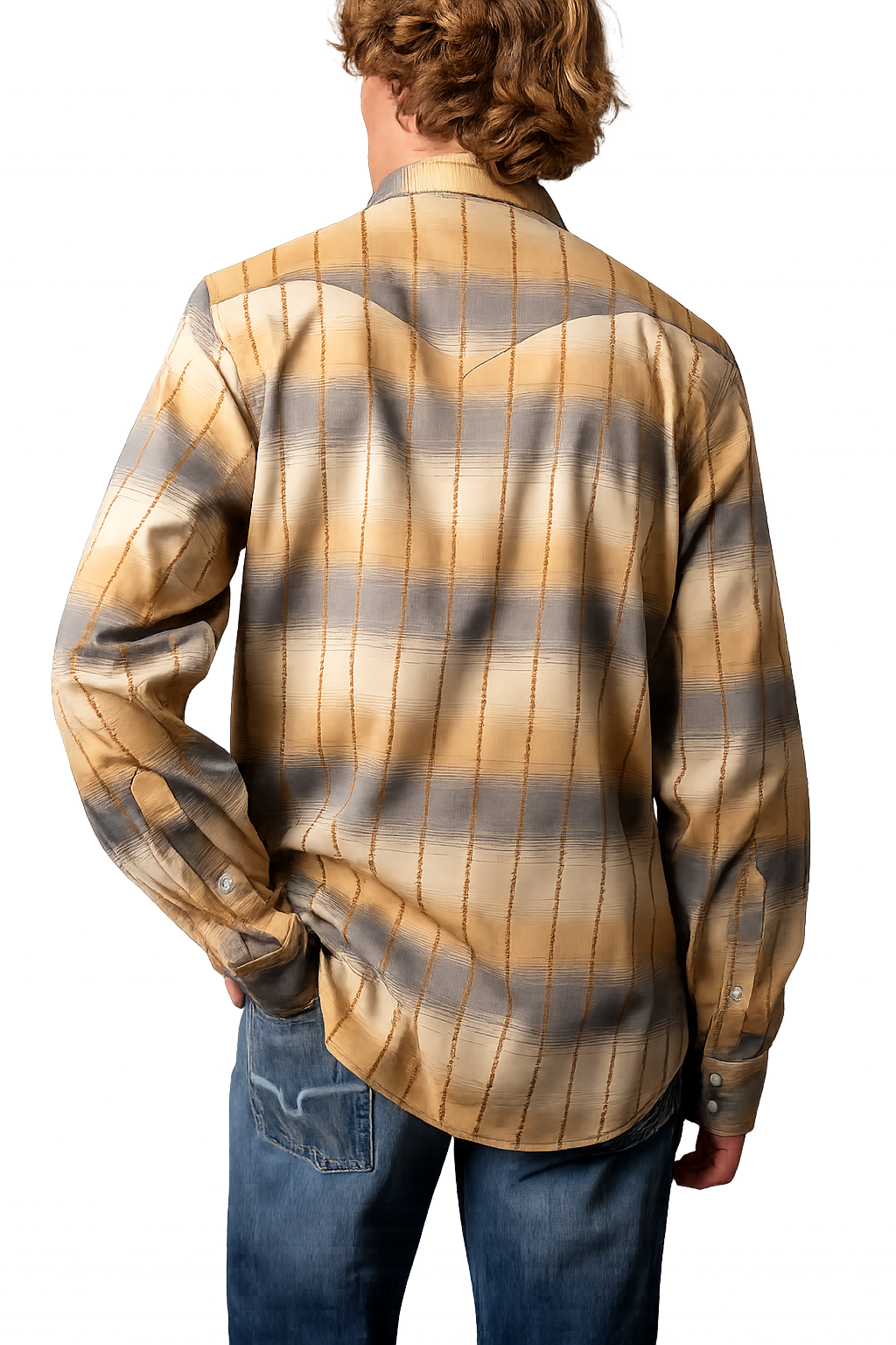 Back view of Kimes Ranch Men’s Lyle plaid western shirt showing traditional western yoke and comfortable fit