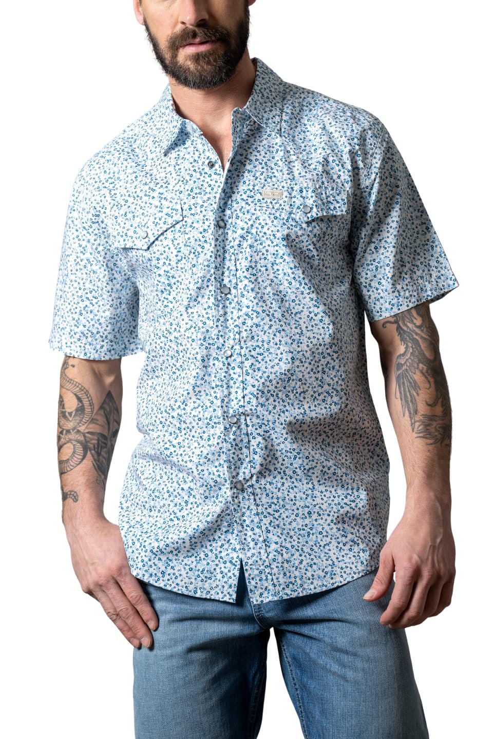 Kimes Ranch Men’s Bascom short sleeve floral pearl snap western shirt front view with classic cowboy styling
