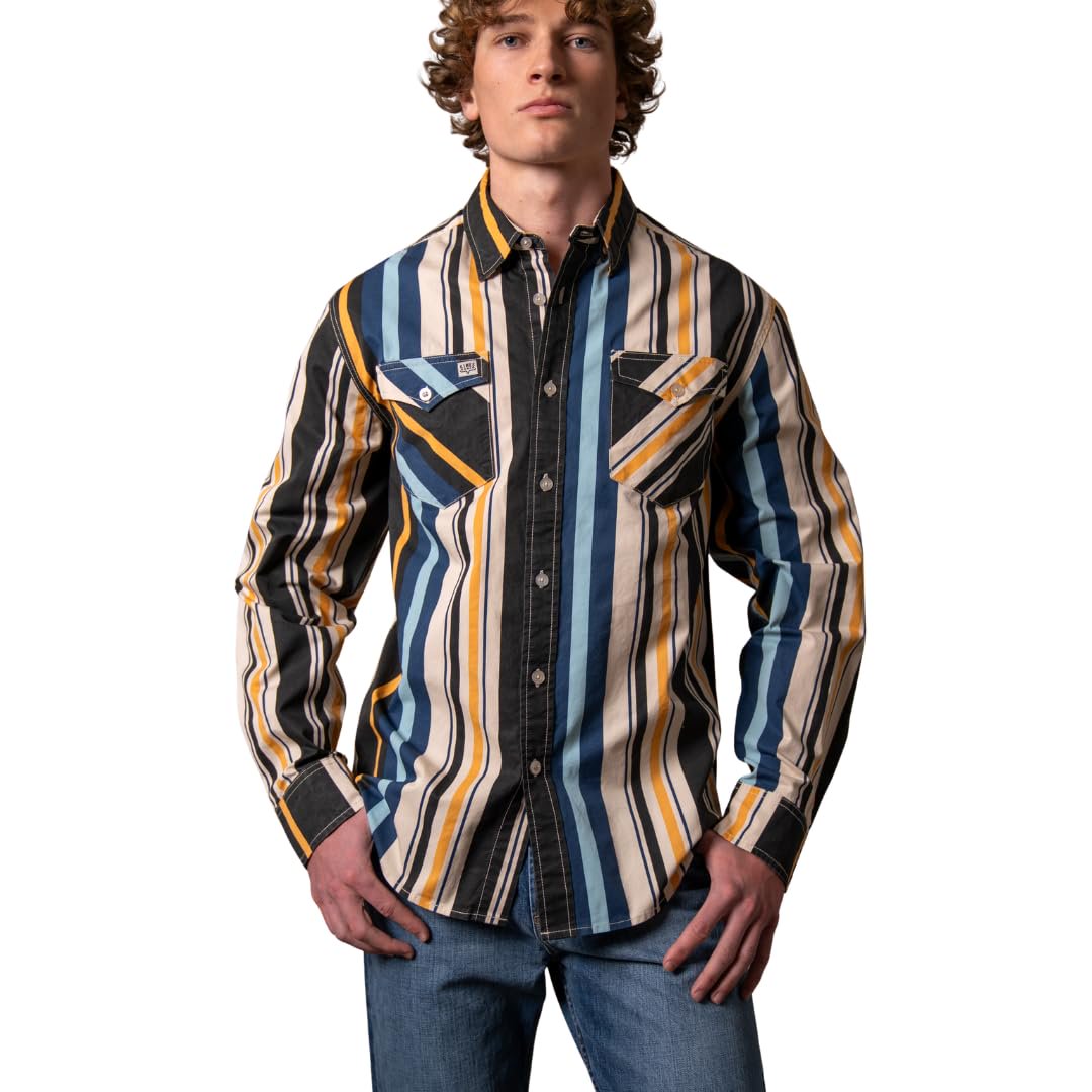 Kimes Ranch Men’s Clancy long sleeve western shirt front view featuring vintage stripe pattern and classic cowboy style
