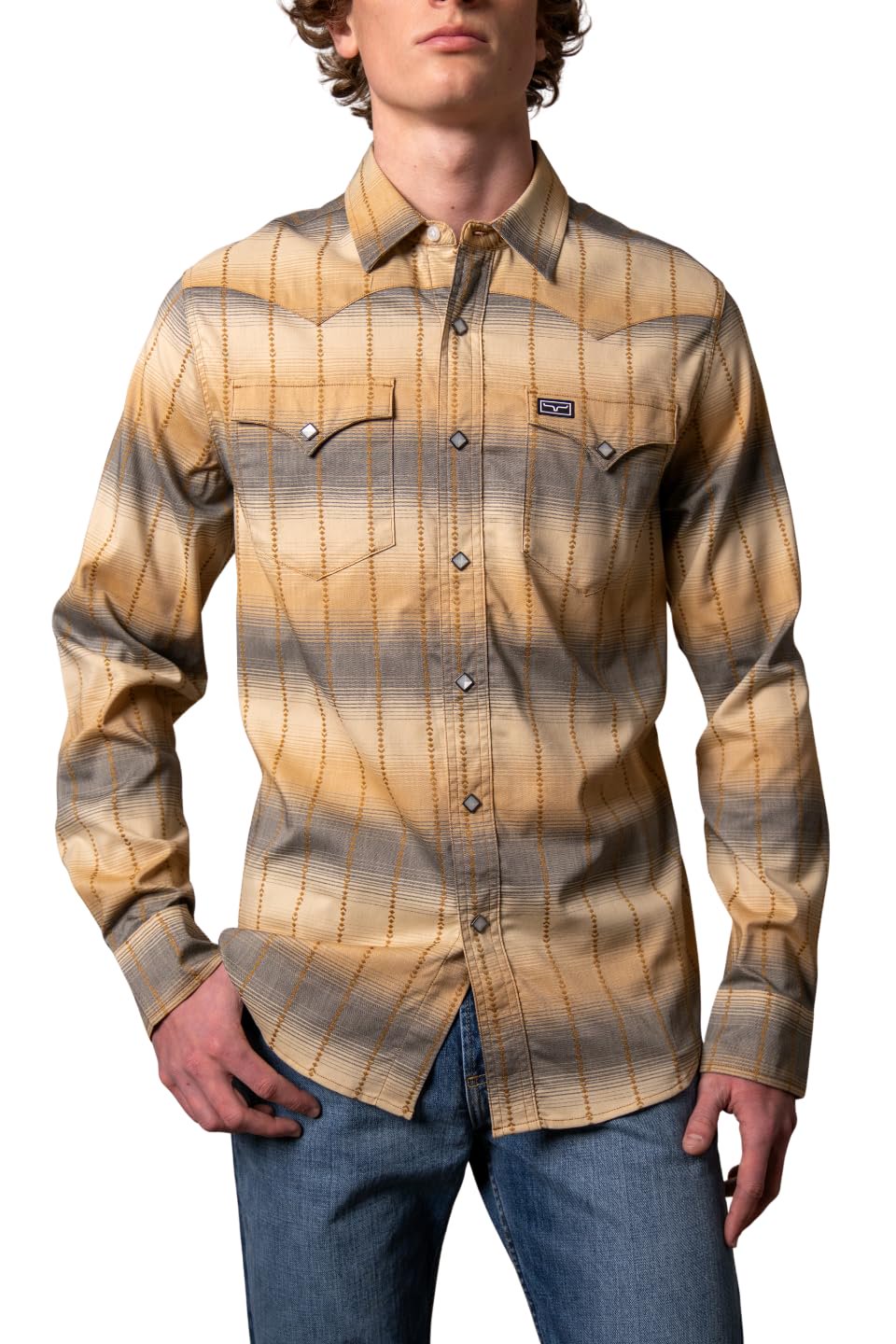 Kimes Ranch Men’s Lyle plaid Coolmax performance pearl snap western shirt front view with classic cowboy styling