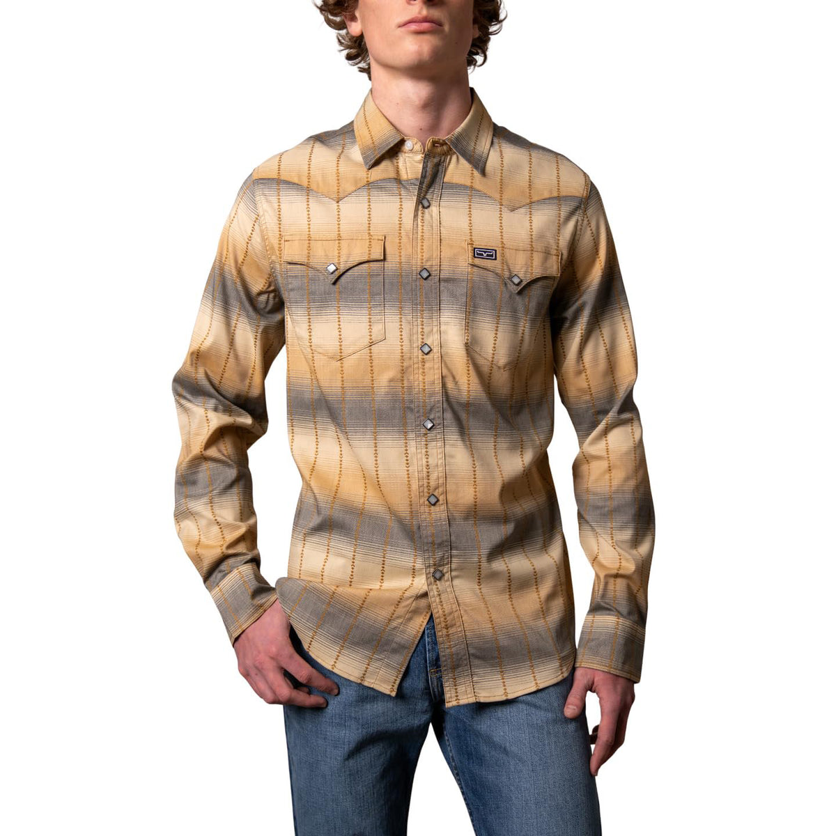 Kimes Ranch Men’s Lyle plaid Coolmax performance pearl snap western shirt front view with classic cowboy styling