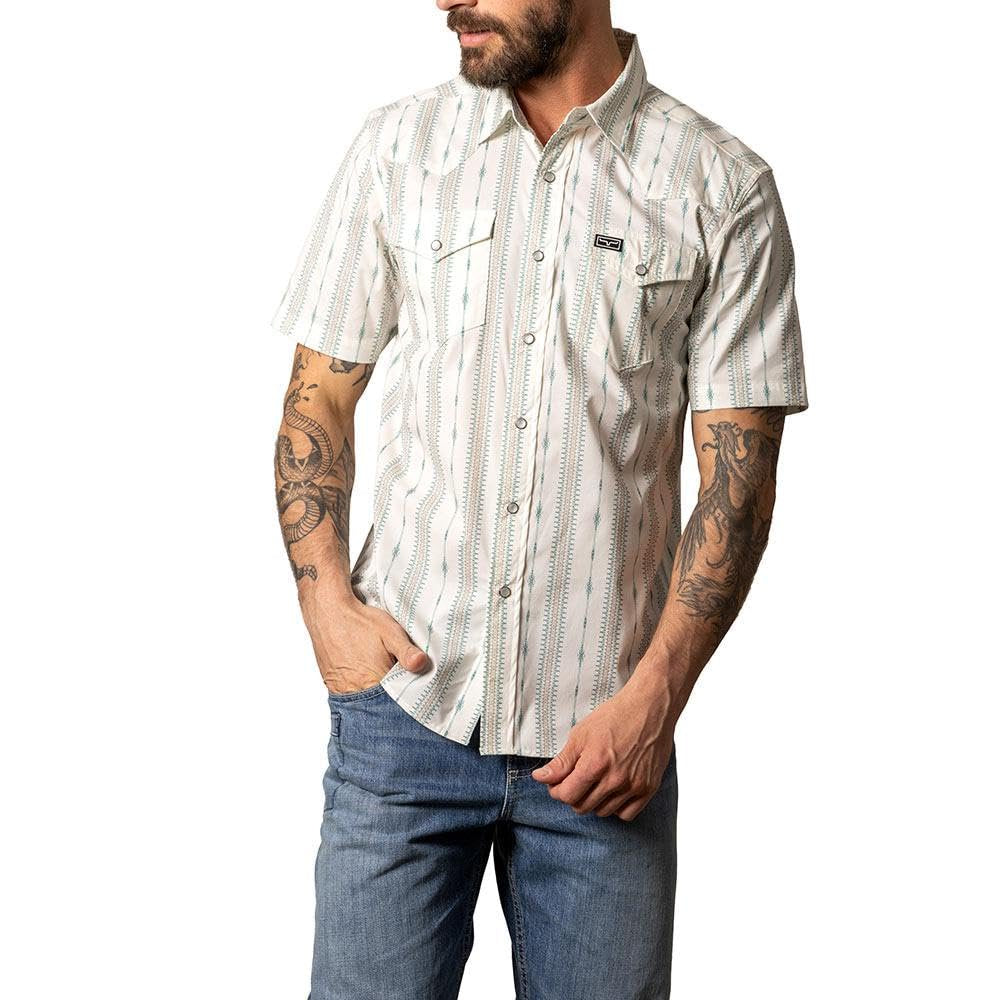 Kimes Ranch Men's Sonny short sleeve Coolmax performance pearl snap western shirt front view with classic cowboy styling