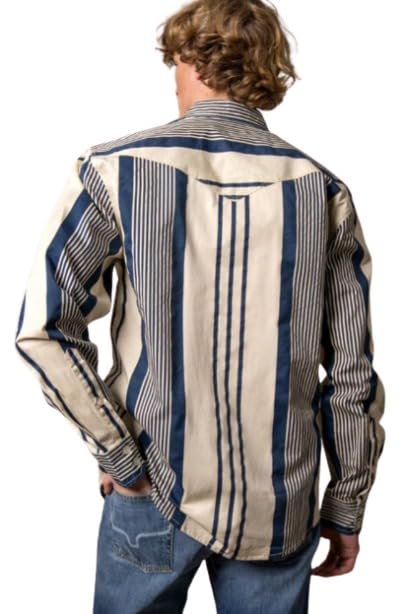 Back view of Kimes Ranch Men's Reddy striped twill western shirt showing traditional western fit and design