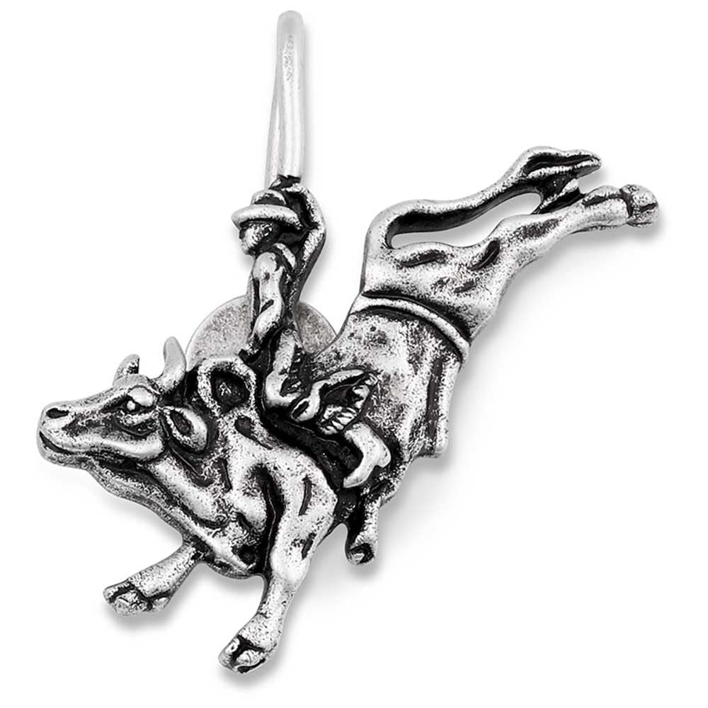 Close-up of Rider’s Resolve Hat Clip, a silver-toned cowboy hat charm featuring a bull rider mid-ride, detailed with an antiqued finish
