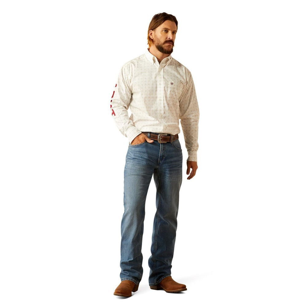 
                  
                    Man Wearing Ariat Men's Team King Classic Fit Shirt in White/Brick
                  
                