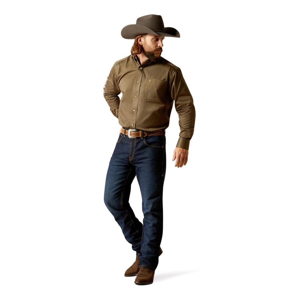 Man Wearing Ariat Men's Team Logo Twill Classic Fit Shirt in Olive Green/Orange