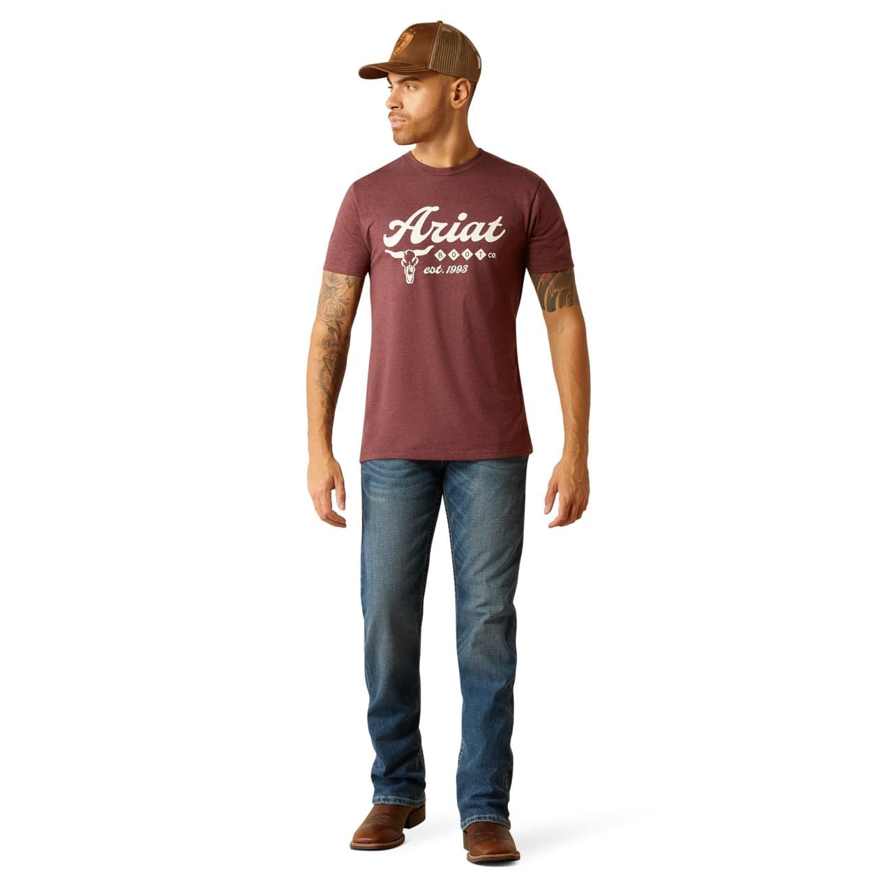 Man Wearing Ariat Men's Established Boot Co. T-Shirt in Maroon Heather