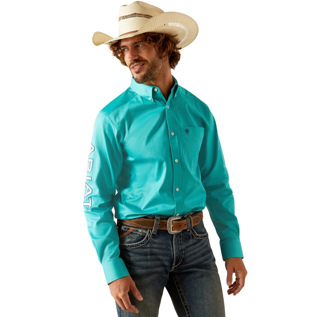 Ariat Men's Team Logo Twill Classic Fit Shirt in Turquoise/Blue