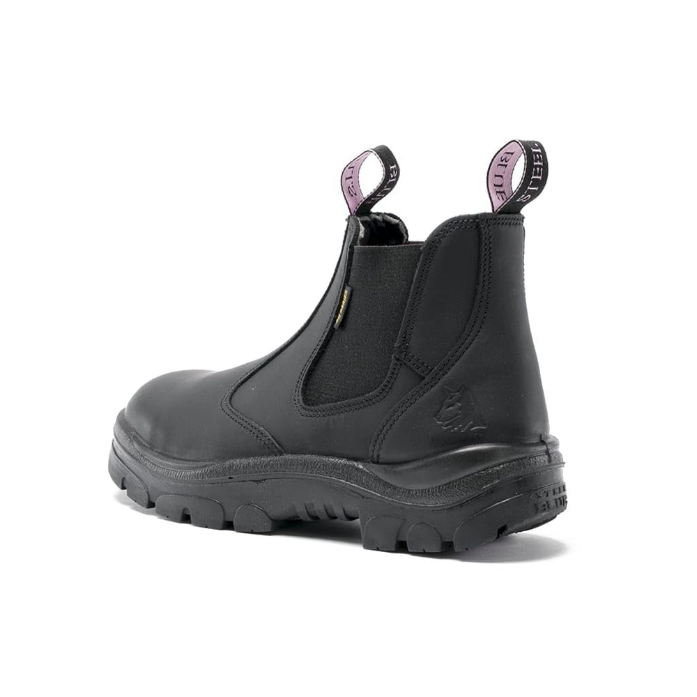 
                  
                    Angled Back View of Steel Blue Hobart Ladies Pull-On Work Boot in Black
                  
                
