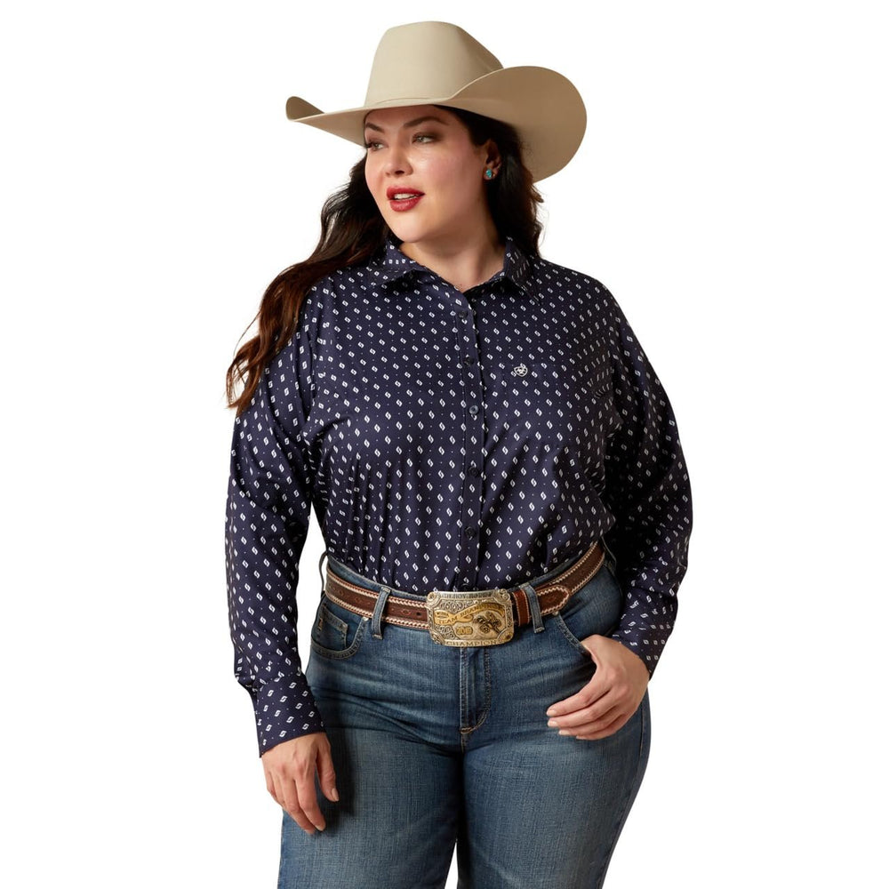 
                  
                    Model Wearing Ariat Women's Team Kirby Stretch Shirt in Zona Geo Print
                  
                