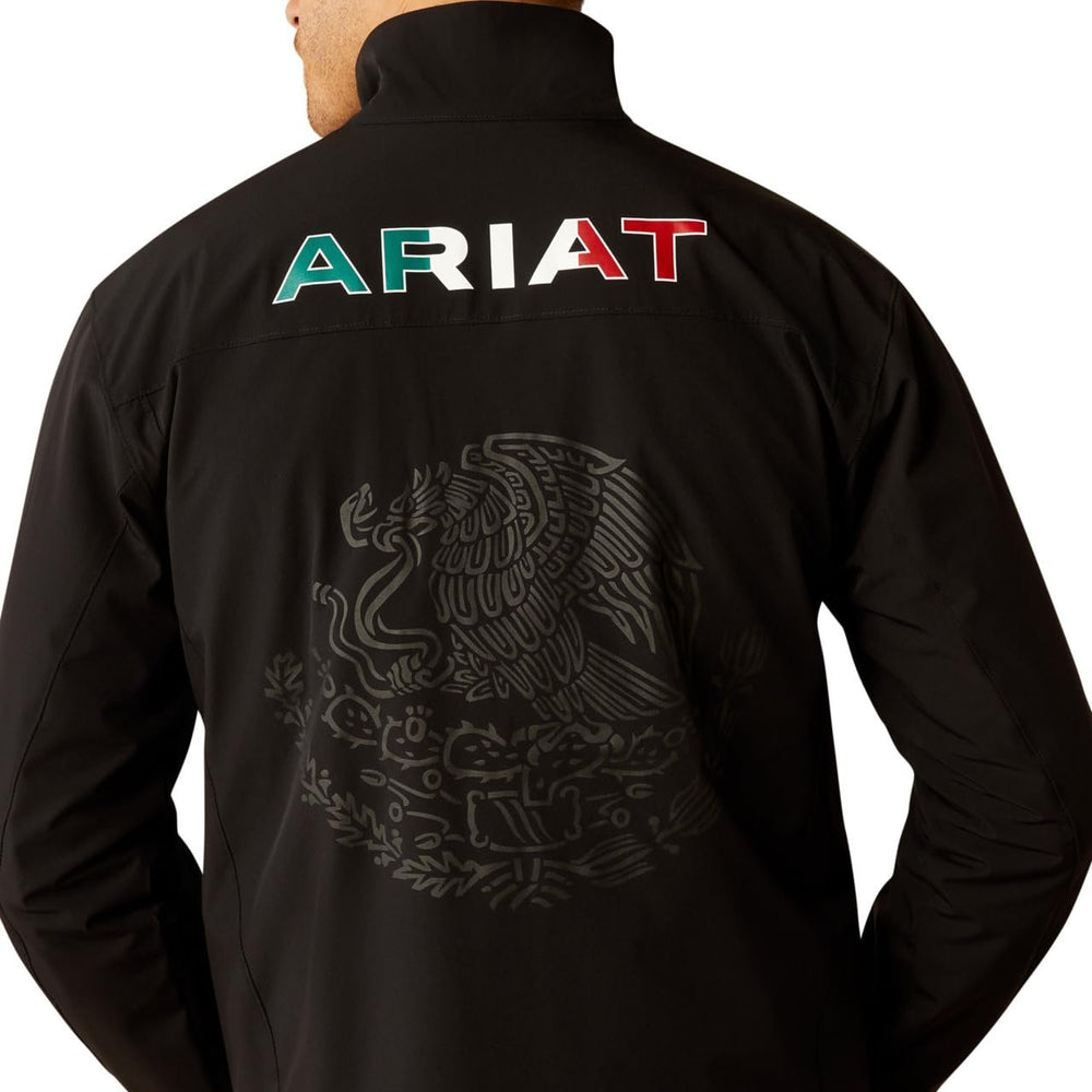 
                  
                    Close-up of Logo on the Back of Ariat Men's Pioneer StretchShell Mexico Jacket
                  
                