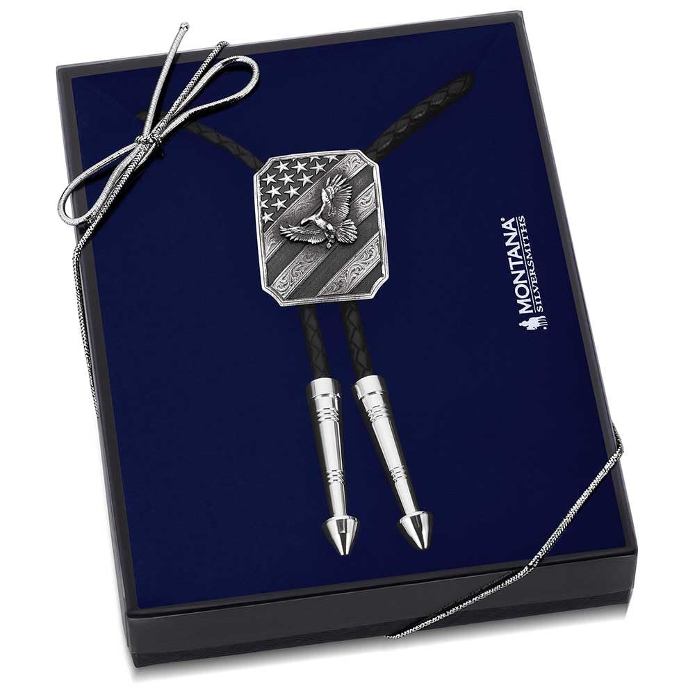 
                  
                    Montana Silversmiths American Made Tradition Bolo Tie in Neatly Packaged Box With Blue Padding
                  
                