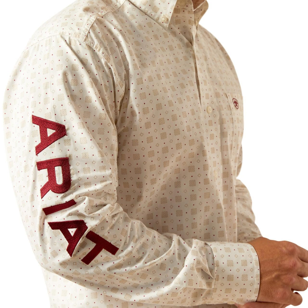 
                  
                    Logo on Sleeve of Ariat Men's Team King Classic Fit Shirt in White/Brick
                  
                