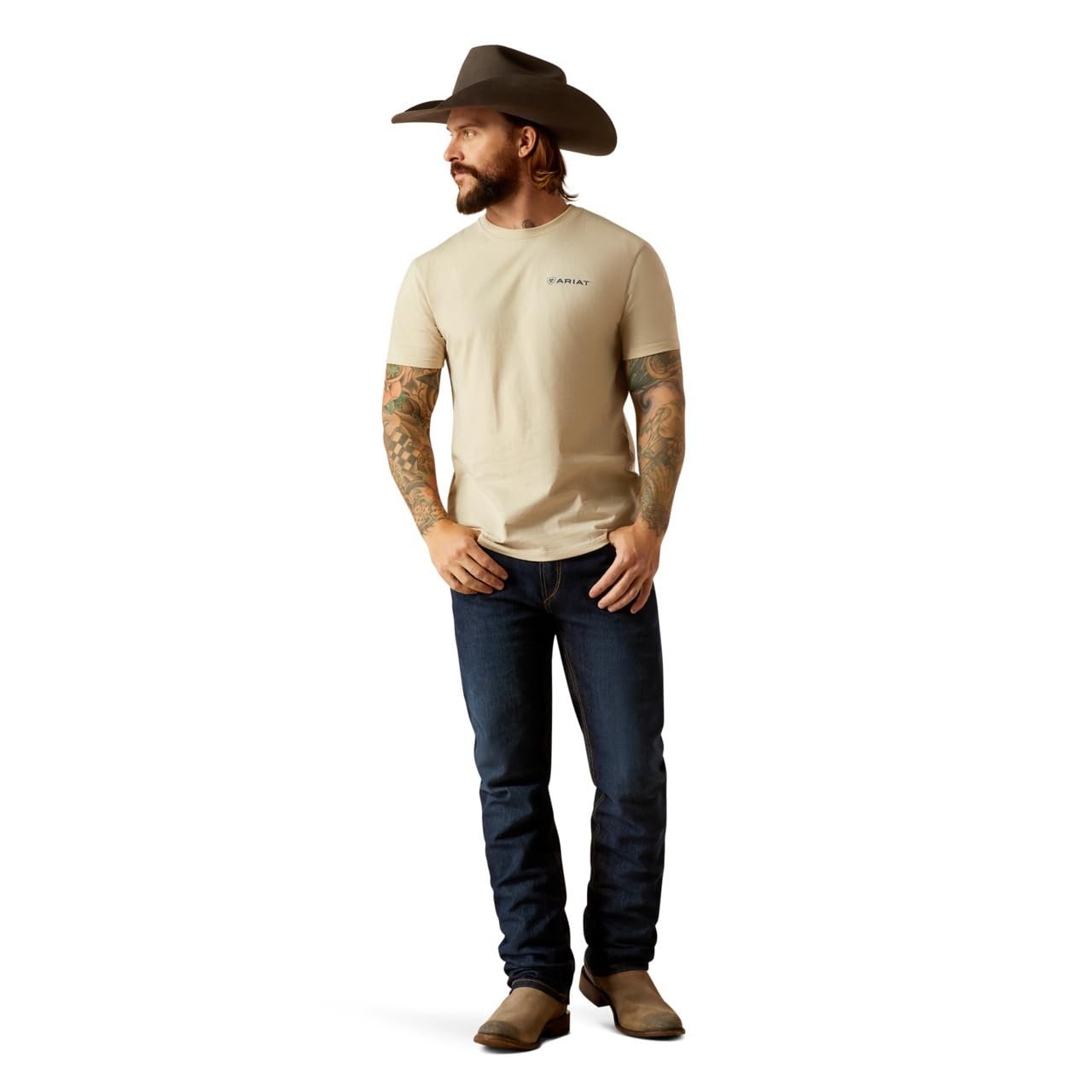 Man Wearing Ariat Men's Stamped Seal T-Shirt in Natural