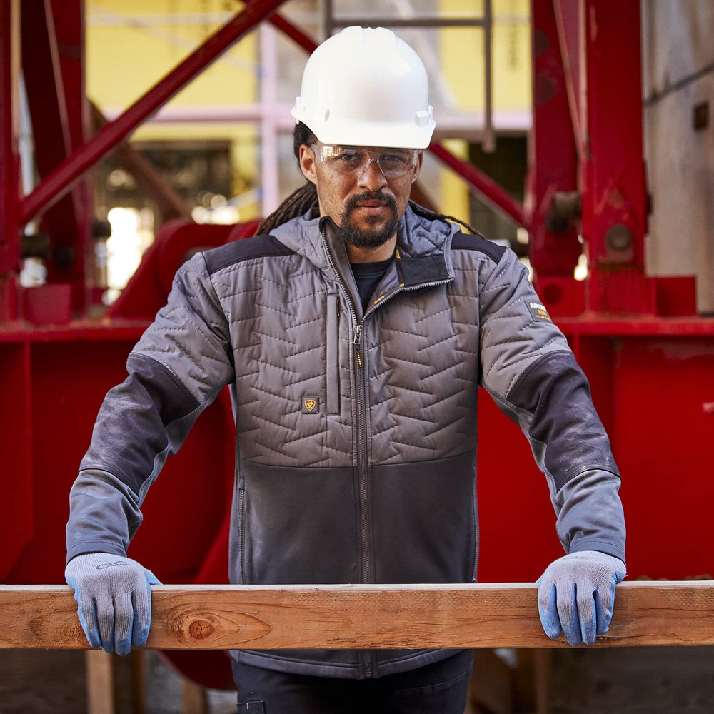 
                  
                    Worker Wearing Ariat Men's Rebar Cloud 9 Insulated Jacket in Rebar Grey
                  
                