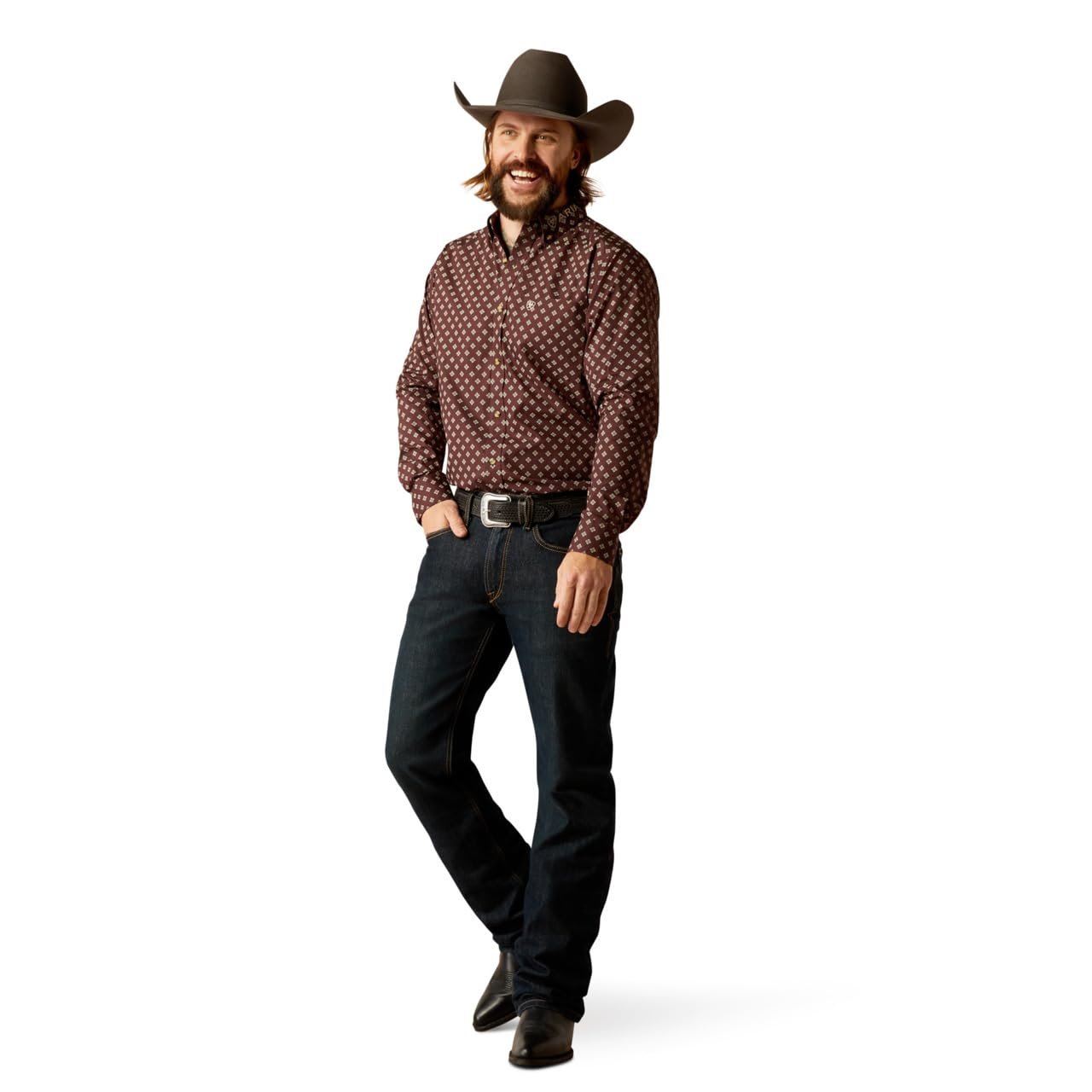 Man Wearing Ariat Men's Team Koen Fitted Shirt in Brown/Tan
