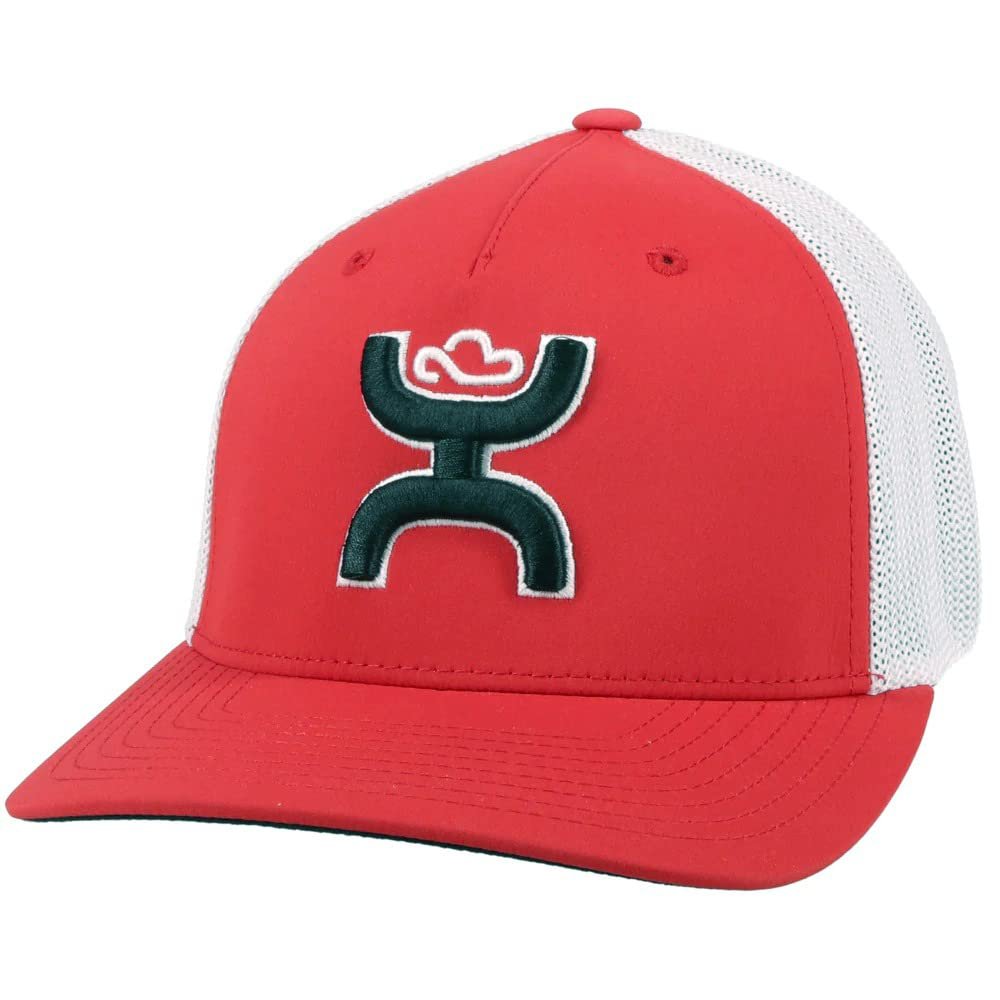 Red and white ball cap with a logo on a white background