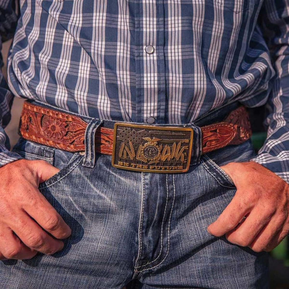
                  
                    Man Wearing Montana Silversmiths Be the Future FFA Attitude Belt Buckle
                  
                