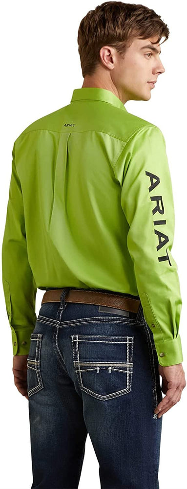 
                  
                    Back of Ariat Men's Team Logo Twill Fitted Shirt in Macaw Green
                  
                