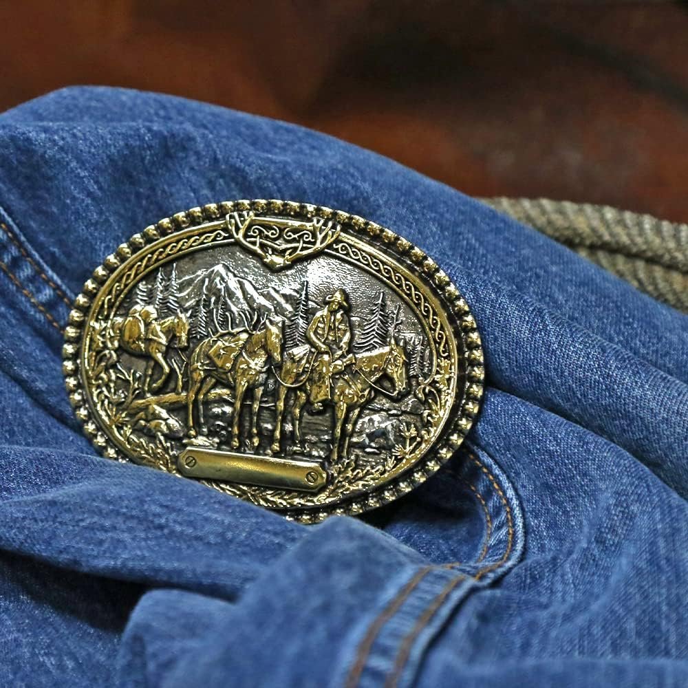 
                  
                    Montana Silversmiths Pack Horses and Rider Two Tone Attitude Belt Buckle Against Denim Background
                  
                
