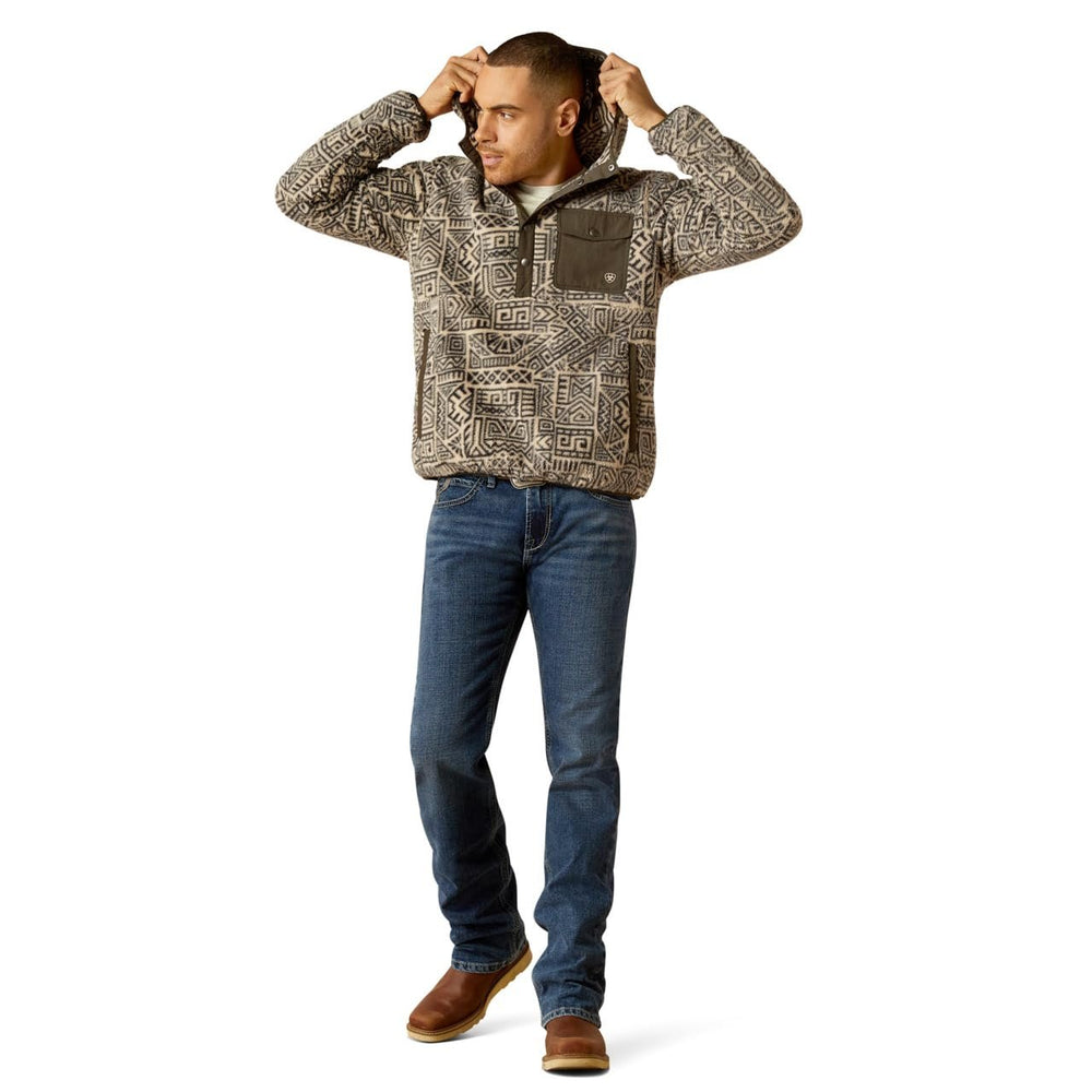 
                  
                    Man Wearing Ariat Men's Polar Bear Fleece Hoodie in Light Brindle, Pulling Up the Hood
                  
                