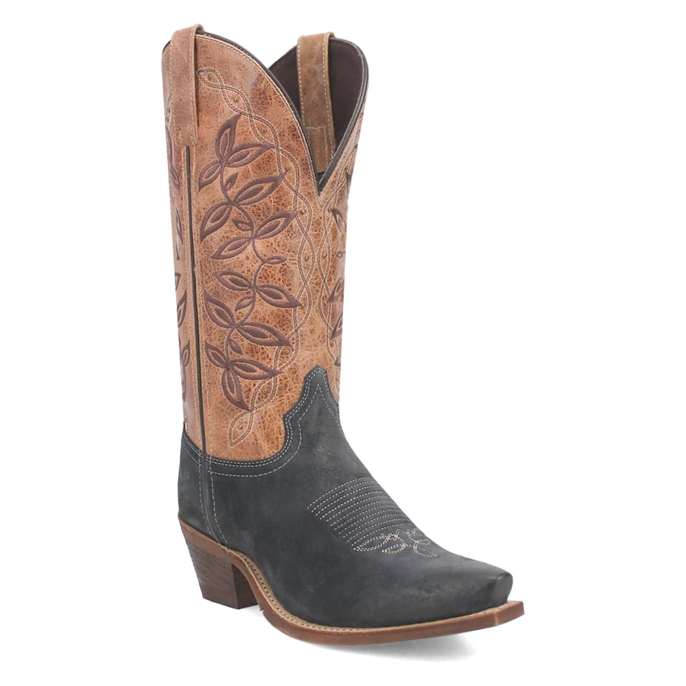 A two-tone Western boot with a black foot and a brown leather shaft embroidered with leaf patterns, shown from a slightly angled front view.