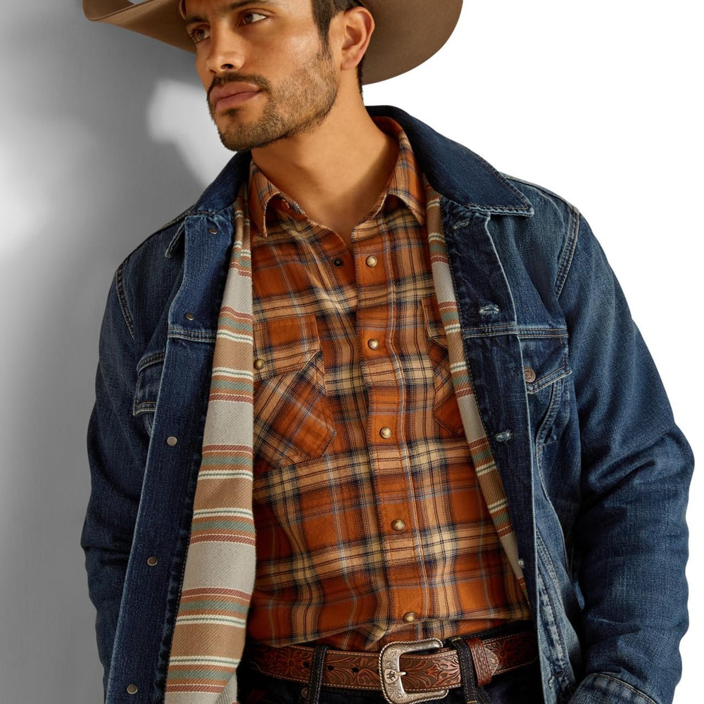 
                  
                    Man Wearing Ariat Men's Blanket Lined Trucker Jacket With Flannel Button Up Shirt
                  
                