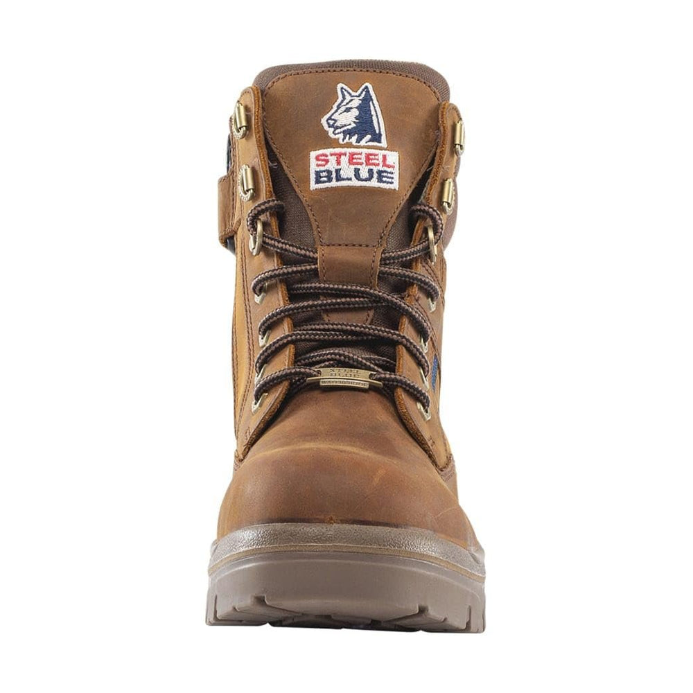 Front of Steel Blue Southern Cross Ladies Safety Boot in Distressed Brown