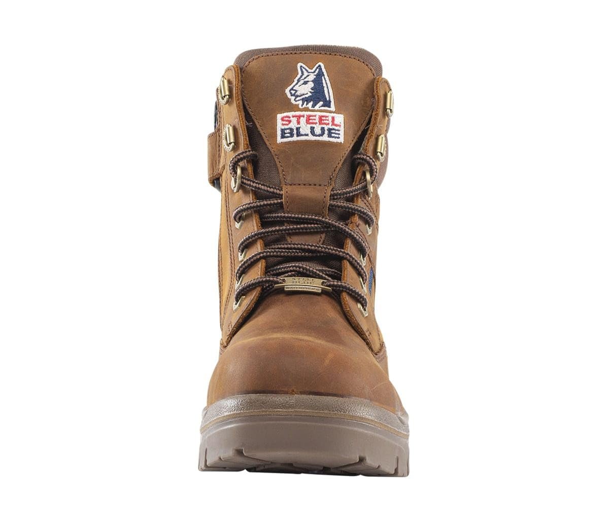 Front of Steel Blue Southern Cross Ladies Safety Boot in Distressed Brown