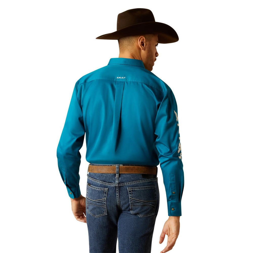 
                  
                    Back of Ariat Men's Team Logo Twill Classic Fit Shirt in Dark Teal/White
                  
                
