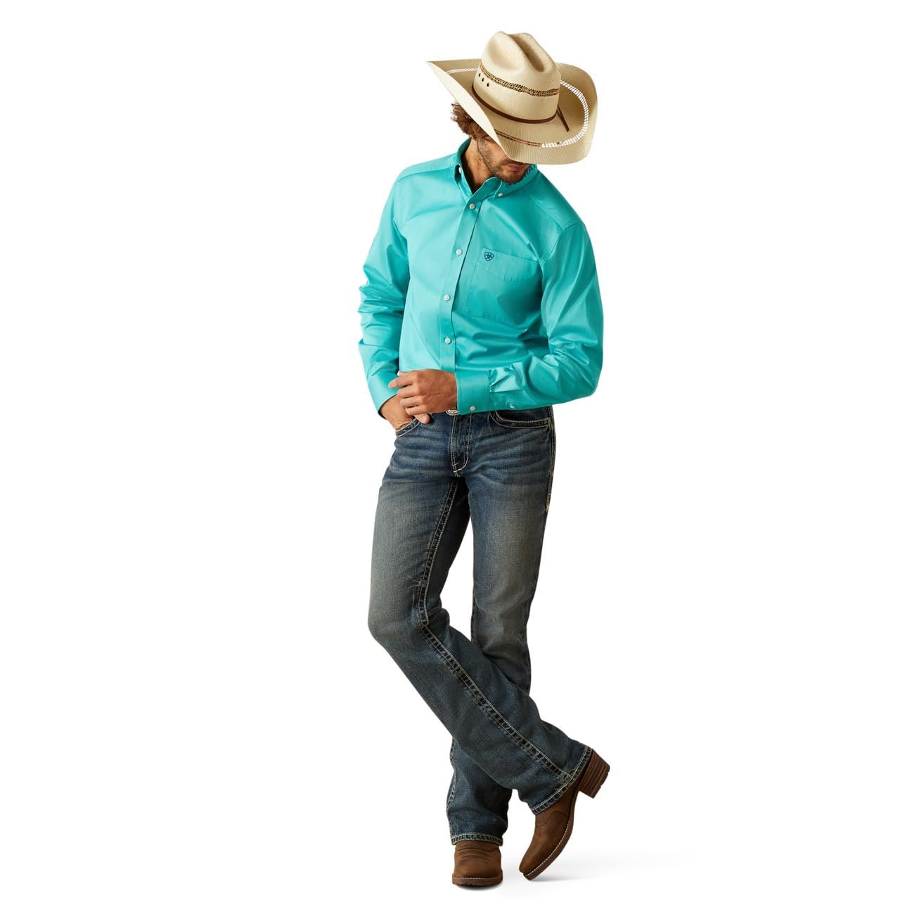 Cowboy Wearing Ariat Men's Team Logo Twill Classic Fit Shirt in Turquoise/Blue