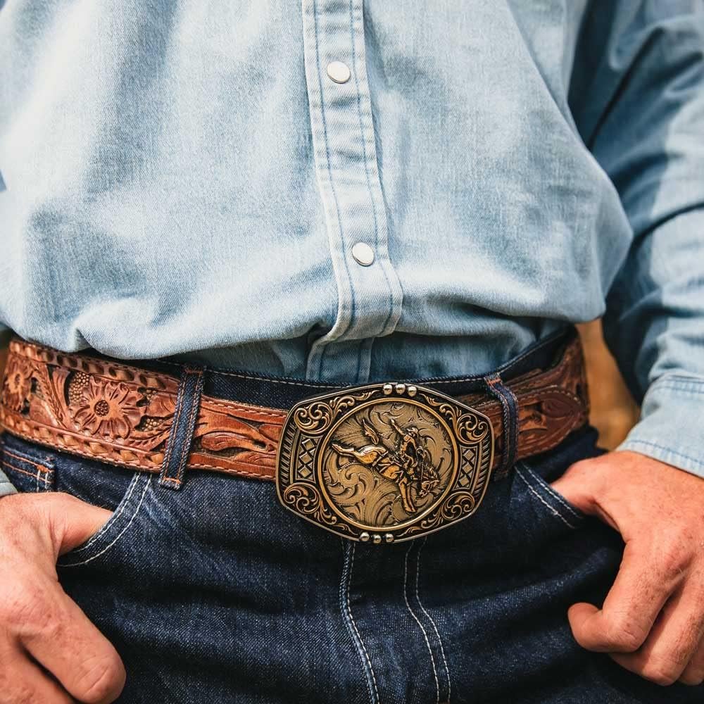 
                  
                    Man Wearing Montana Silversmiths Ride The Storm Attitude Belt Buckle
                  
                