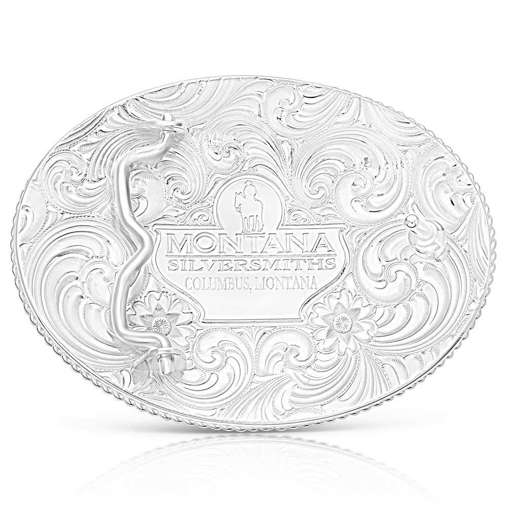 Back of Montana Silversmiths Classic Western Two-Tone Buckle With Bull Rider, Showing "Montana Silversmiths" and "Columbus, Montana" Engraving