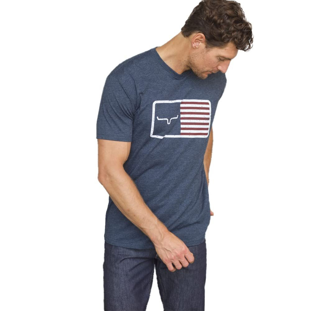 
                  
                    Man wearing Kimes Ranch Men's American Trucker Short Sleeve T-Shirt, Midnight Navy
                  
                
