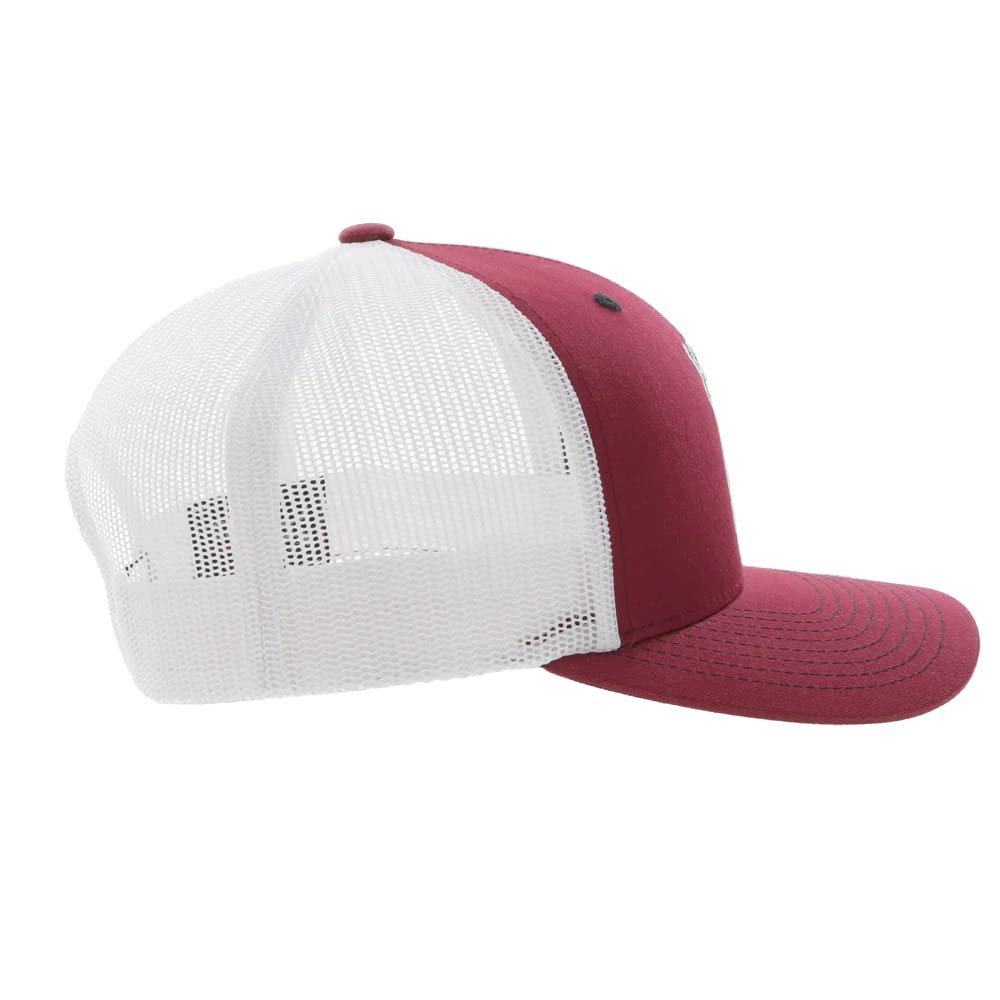 
                  
                    Two-tone red and white cap with mesh back on a white background
                  
                