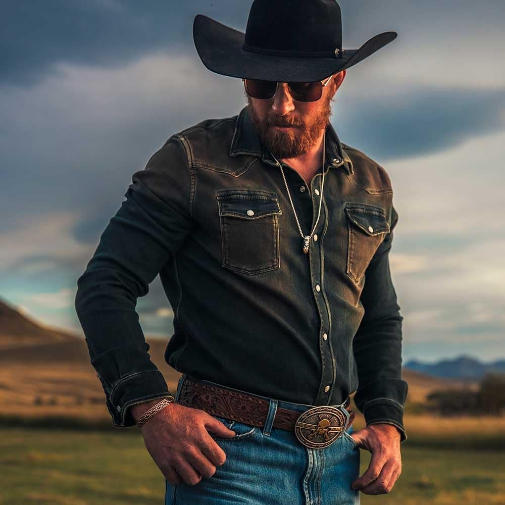 
                  
                    Cowboy Wearing Montana Silversmiths Men's Cover Fire Chris Kyle Attitude Buckle
                  
                