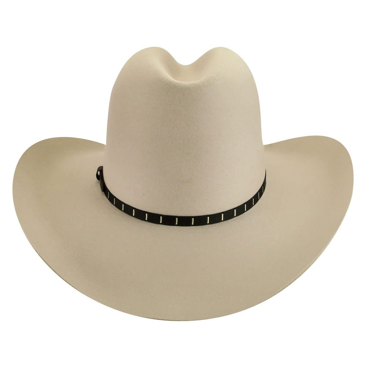 Front View of Bailey Elbridge 3X Western Hat in Silverbelly With a Coordinating Black Ribbon Band And Small Rectangular Details