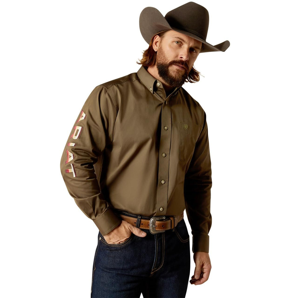 Ariat Men's Team Logo Twill Classic Fit Shirt in Olive Green/Orange