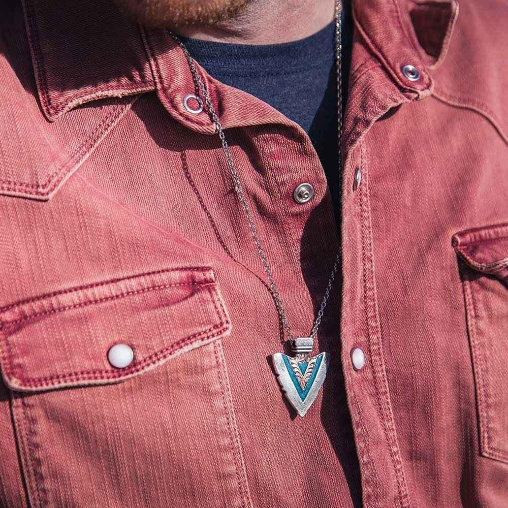 
                  
                    Man Wearing Montana Silversmiths Men's Inner Light Turquoise Arrowhead Necklace
                  
                