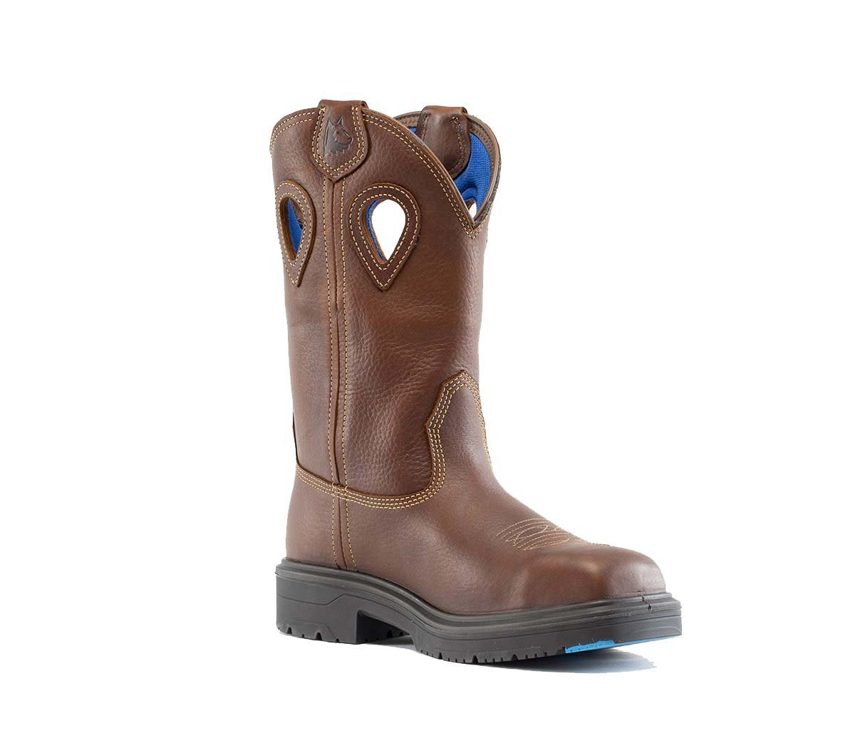Steel Blue Men's Blue Heeler Met steel toe waterproof western work boots with internal metatarsal guard and durable leather construction.