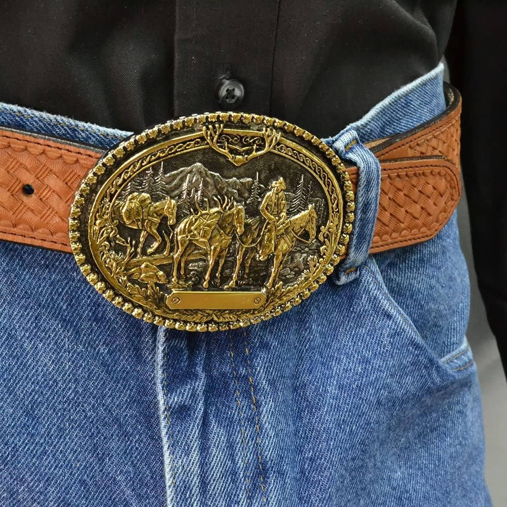 Montana Silversmiths Pack Horses and Rider Two Tone Attitude Belt Buckle on Belt and Jeans